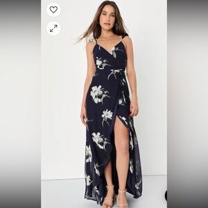 Lulus All Mine Navy Blue Floral Print High-Low Wrap Dress